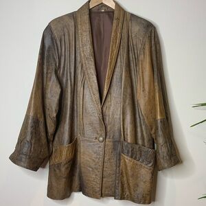 Vintage Slouchy Pocket Brown Faux Leather Satin Lined 1 Button Blazer Jacket 42